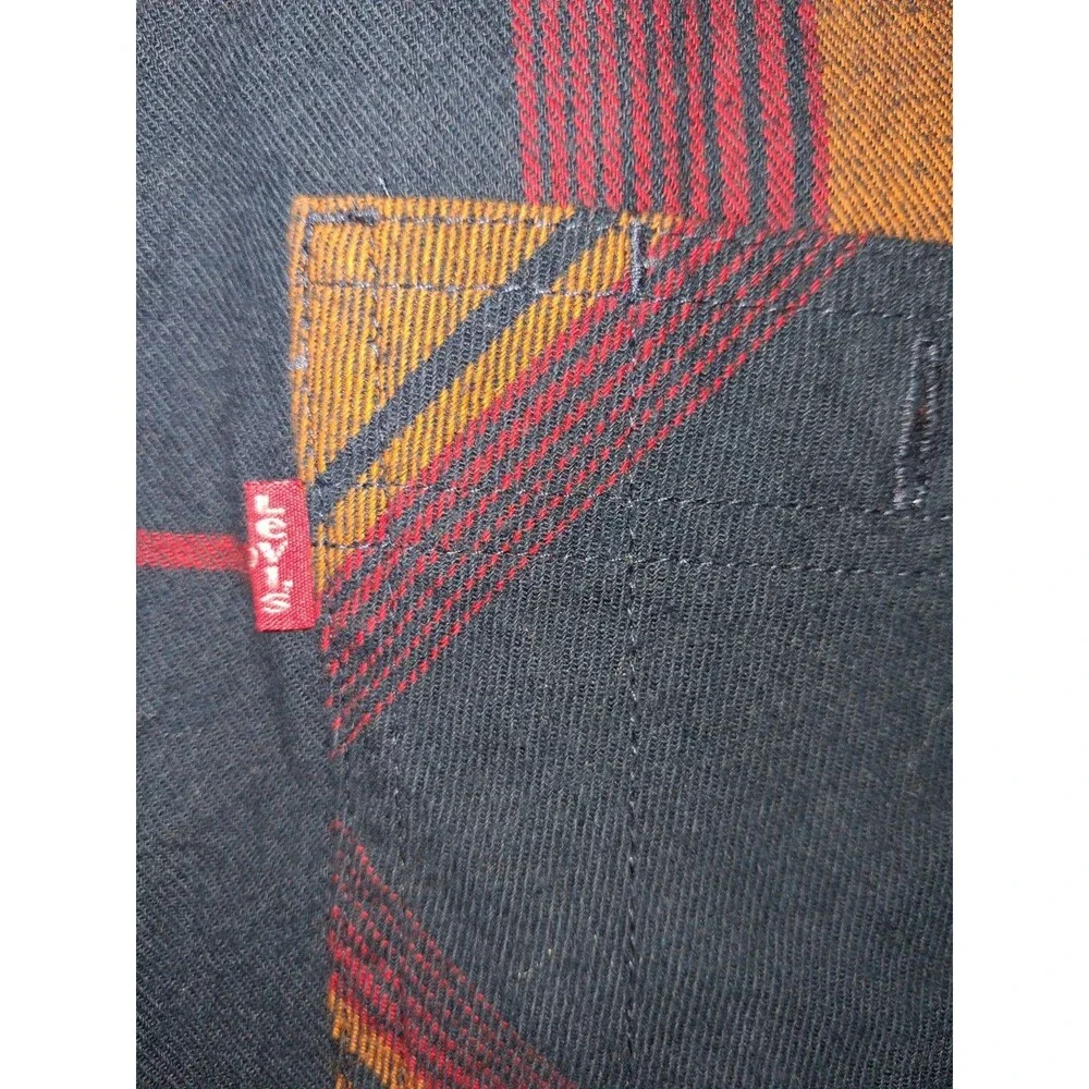 Levi’s Plaid Flannel Shirt Mens L Red Black Orange Button Up Long Sleeve Western